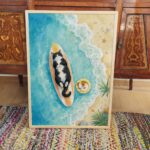 Watercolor Tuxedo Cat Asleep on a Surfboard Print