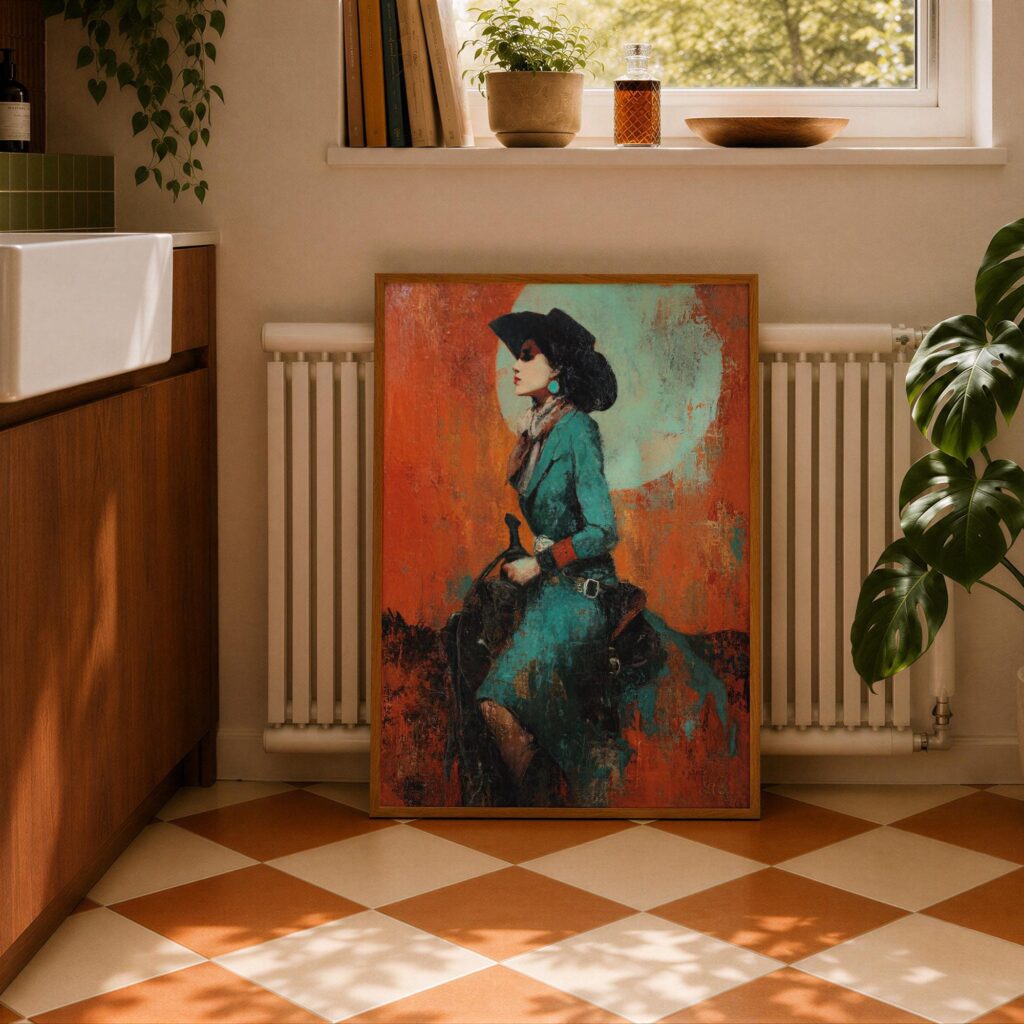 Western Cowgirl in Teal and Orange Print