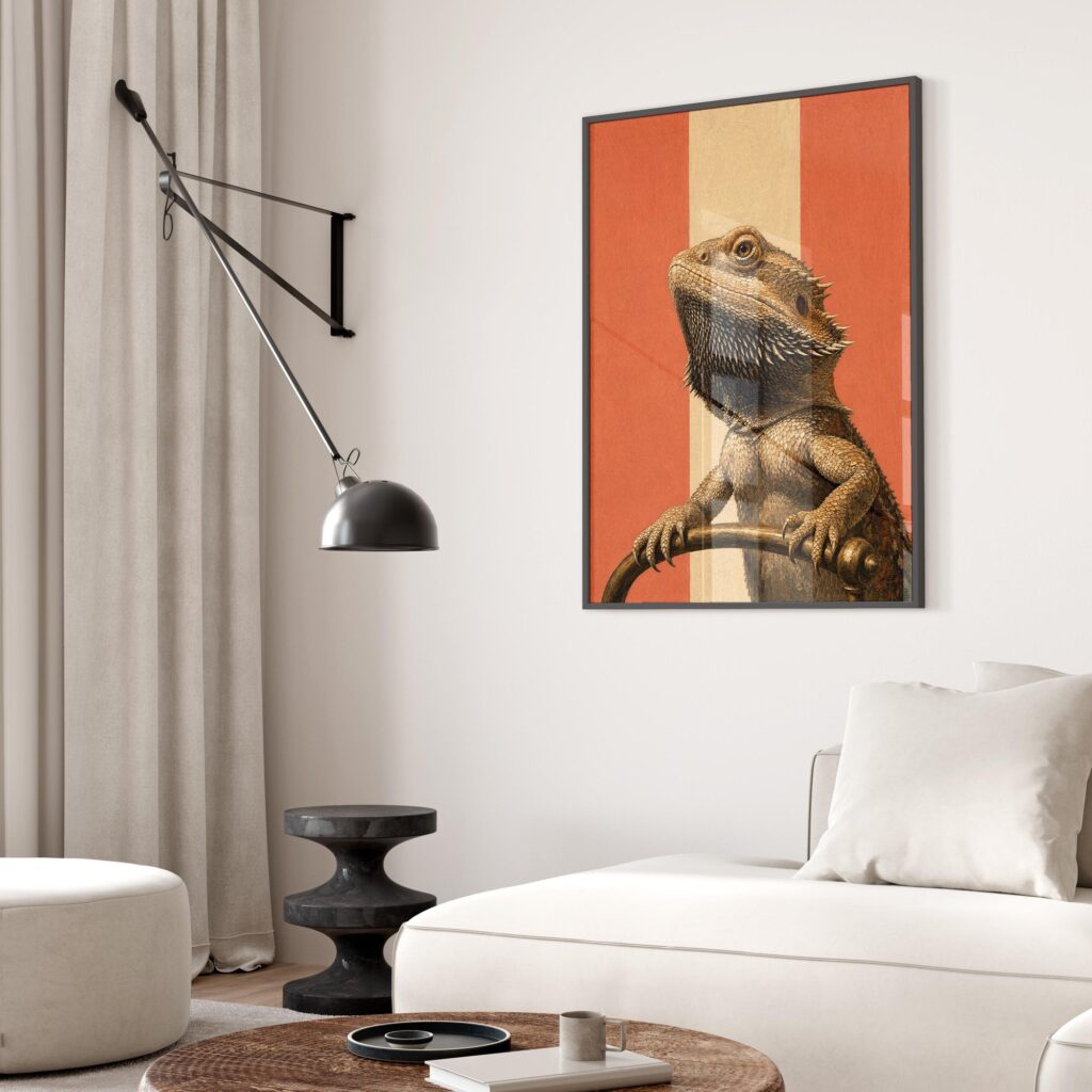 Bearded Dragon Portrait on Red Stripes Print