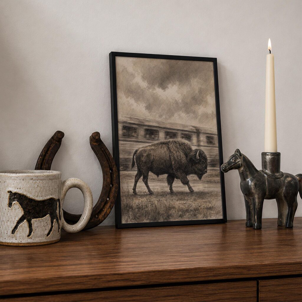 Bison Walking Past a Passing Train Print