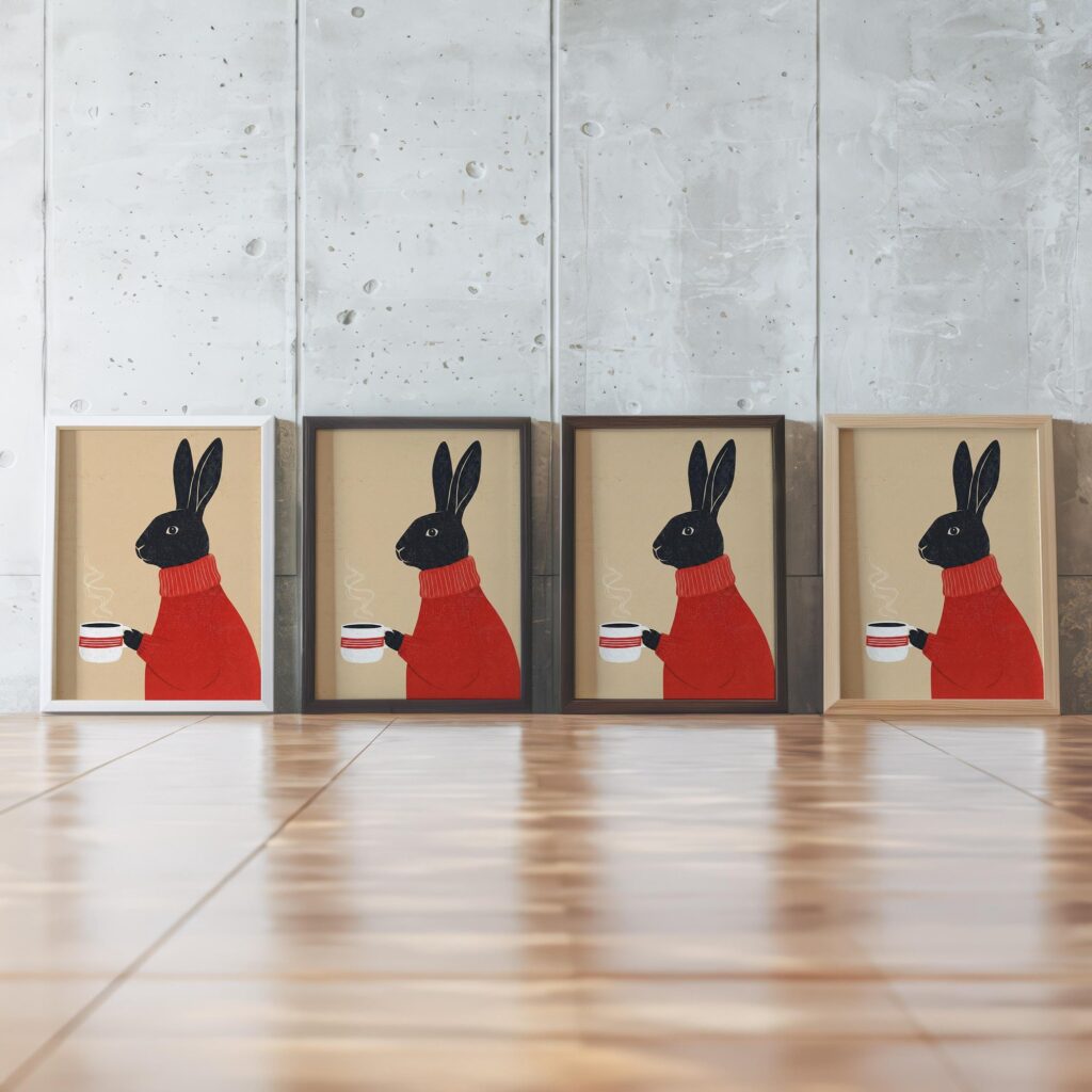 Black Bunny Drinking Coffee Print