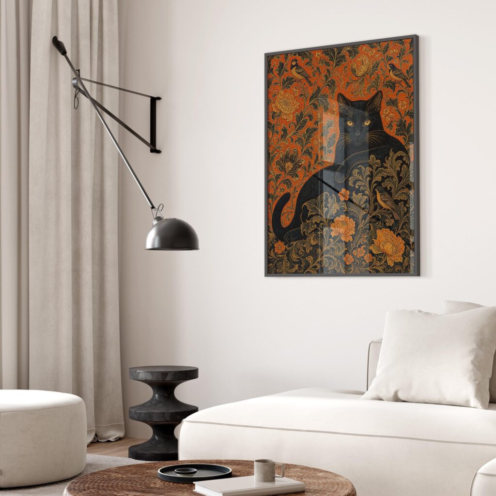 Black Cat with Birds on William Morris Floral Print