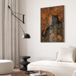 Black Cat with Birds on William Morris Floral Print