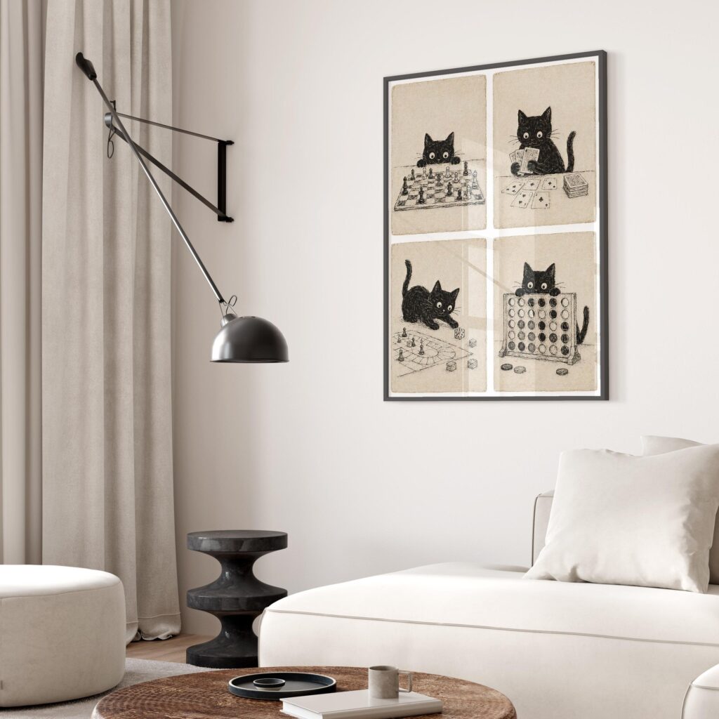 Black Cats Playing Board Games Print