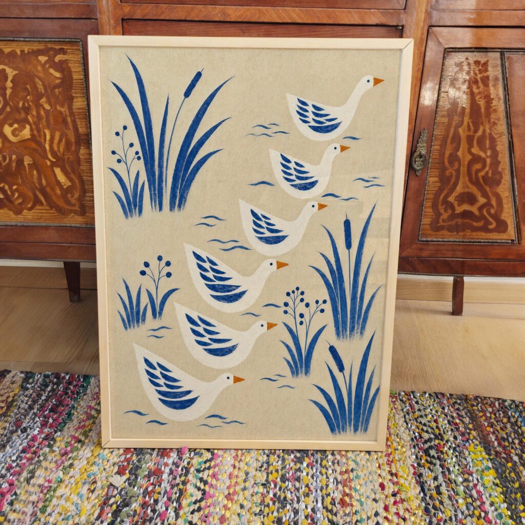 Blue Folk Goose Print