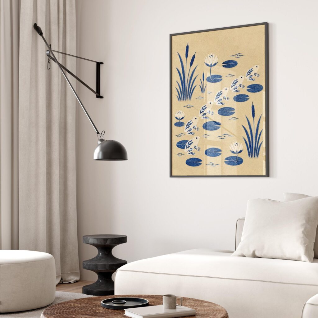 Blue Frogs Leaping Across a Lily Pond Print