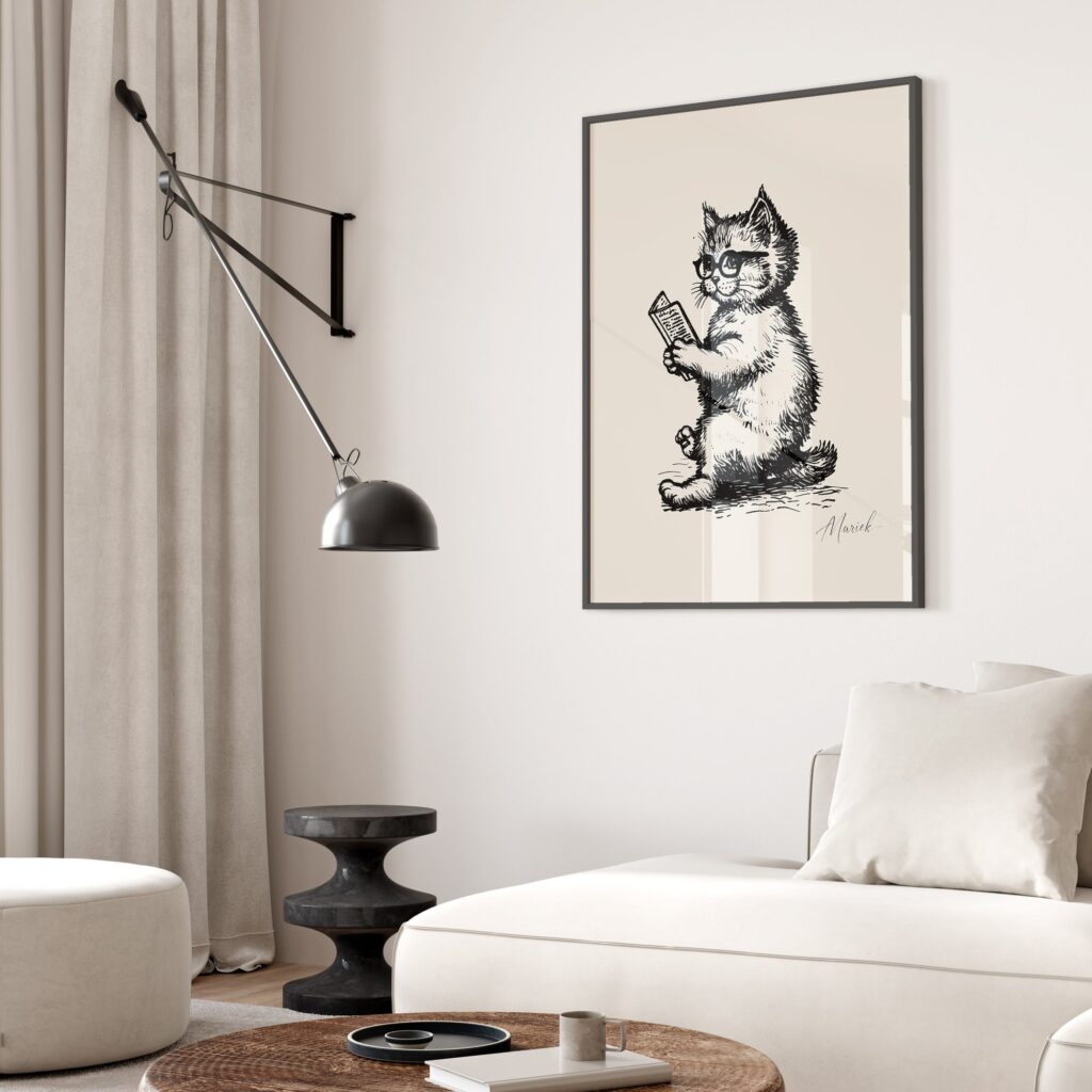 Book Lover Gift Bookworm Cat Print