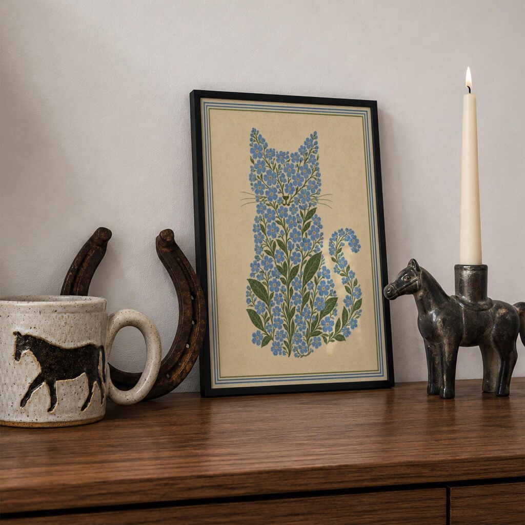 Cat Made of Blue Forget Me Not Flowers Print