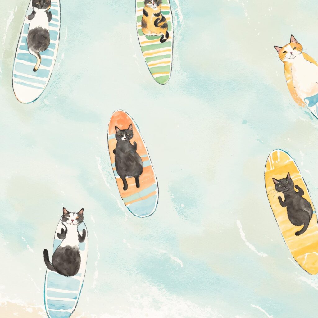 Cat Surf Beach Art Print