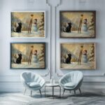 Cat with Snowman and Skis Print
