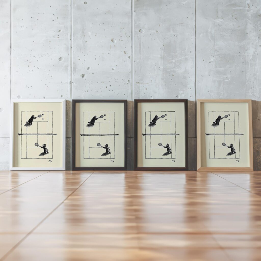 Cats Playing Tennis Ink Sketch Print