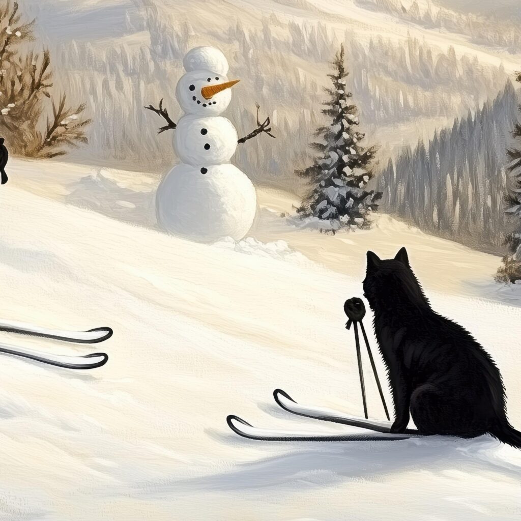 Cats Skiing with Snowman Print