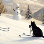 Cats Skiing with Snowman Print