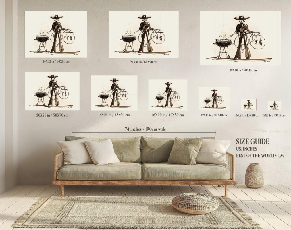 Cowgirl BBQ Ink Drawing Print