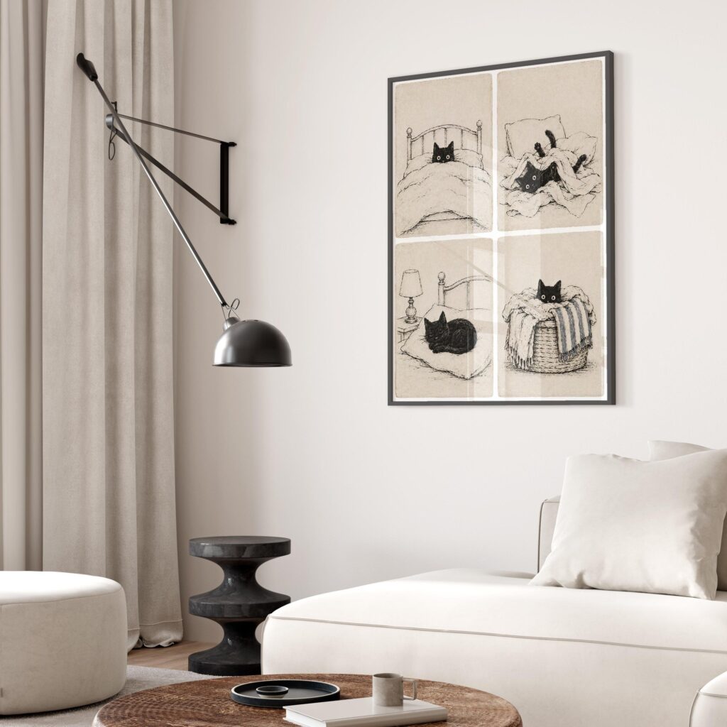 Cozy Black Cat in Four Panels Print