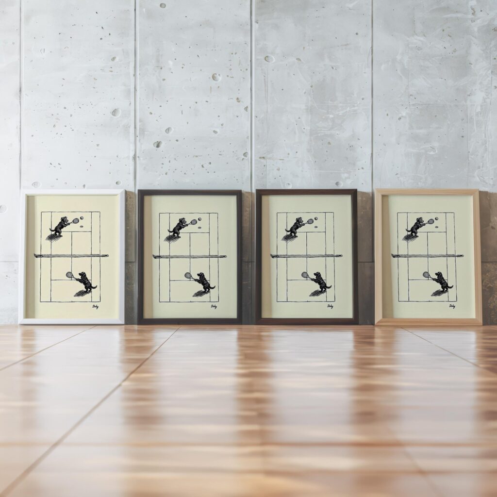 Dogs Playing Tennis Ink Drawing Vintage Style Print