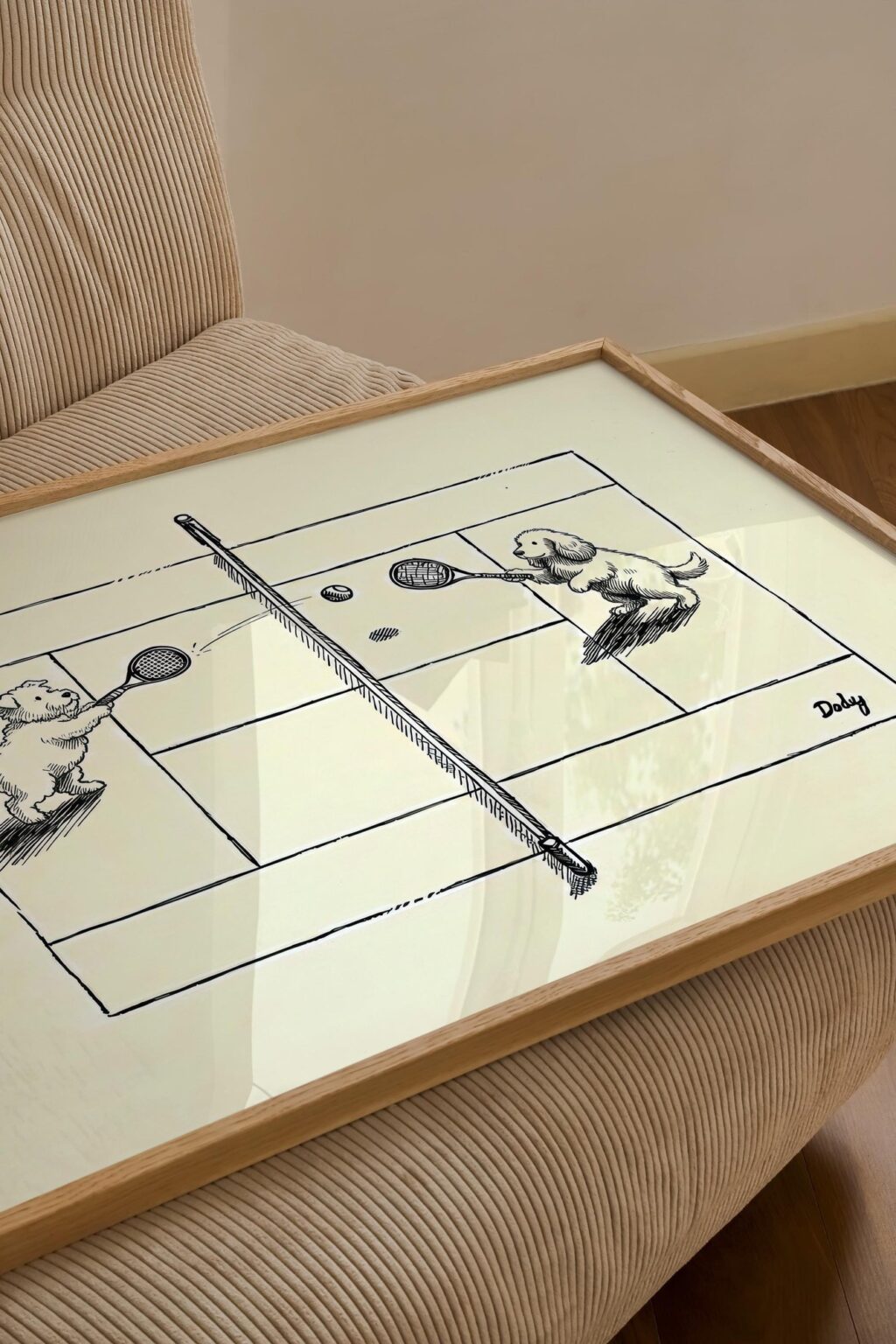 Dogs Playing Tennis Ink Drawing Whimsical Black Print