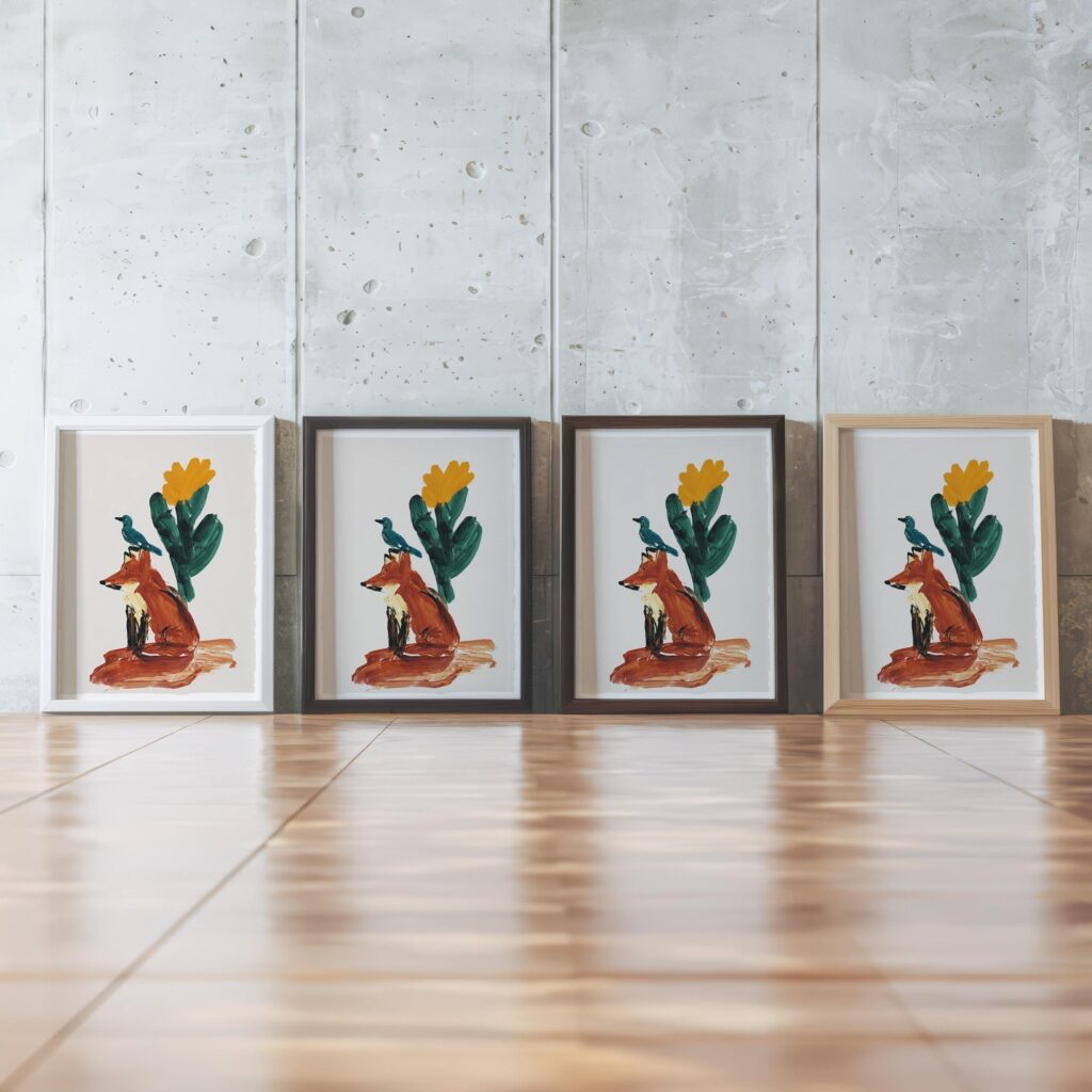 Fox and Bird Desert Cactus Art Print
