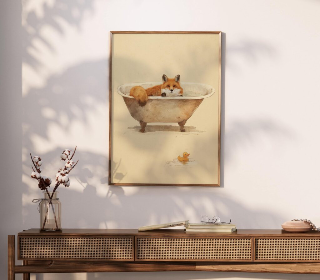 Fox in Bathtub Vintage Illustration Print