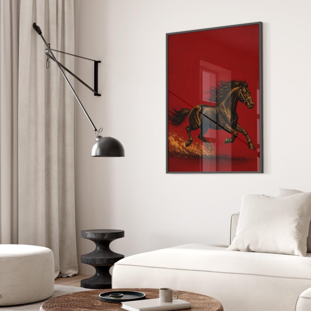 Galloping Black Horse on Deep Red Print