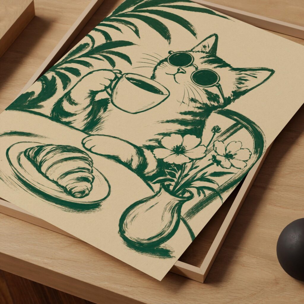 Green Coffee Cat Print