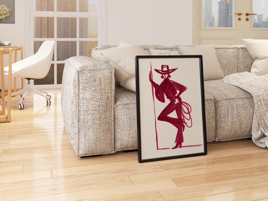 Set of 2 Red Burgundy Cowgirl Sketches Print