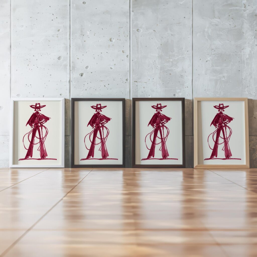 Set Of 3 Burgundy Cowgirl Art Prints
