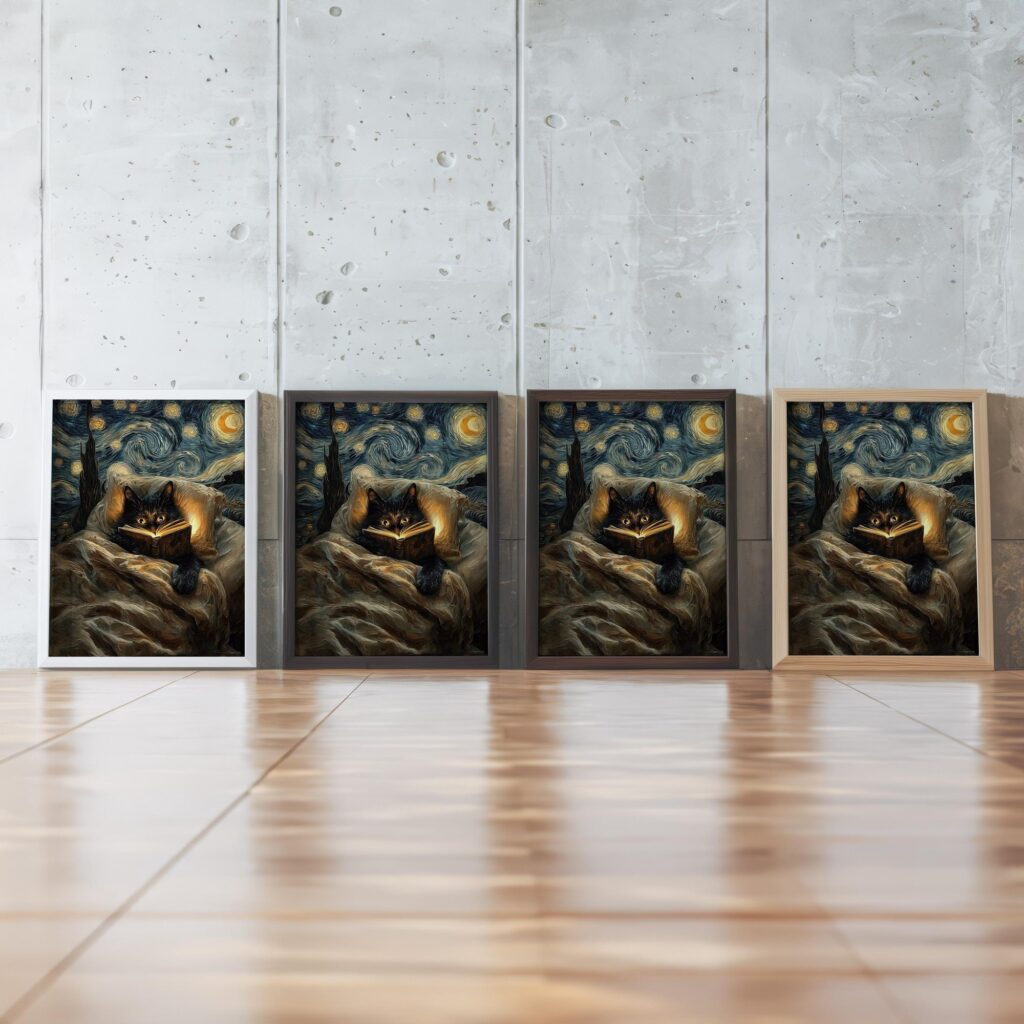 Starry Night Cat Book Bed Print