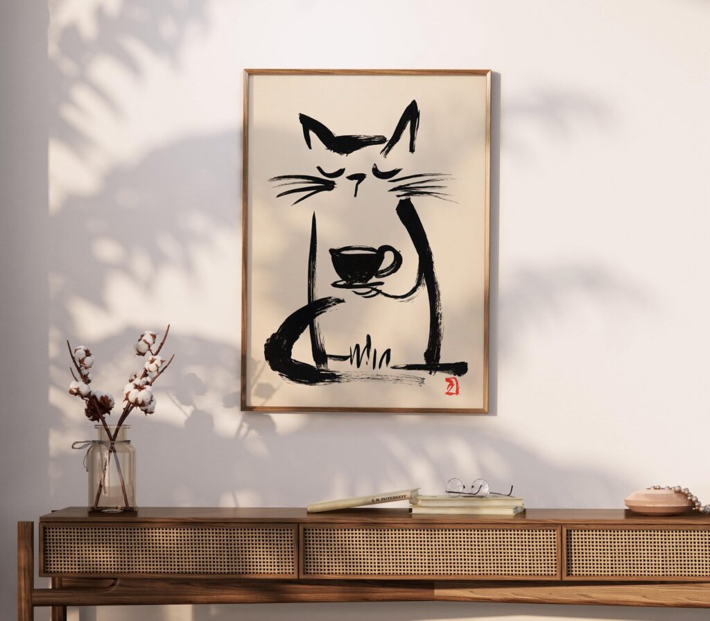 Sumi-e Coffee Cat Print