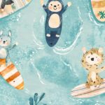 Surfing Jungle Animals Nursery Art Print
