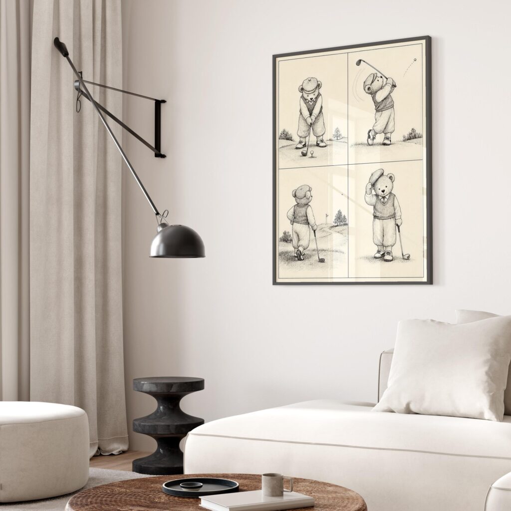 Teddy Bear Playing Golf in Four Sketches Print