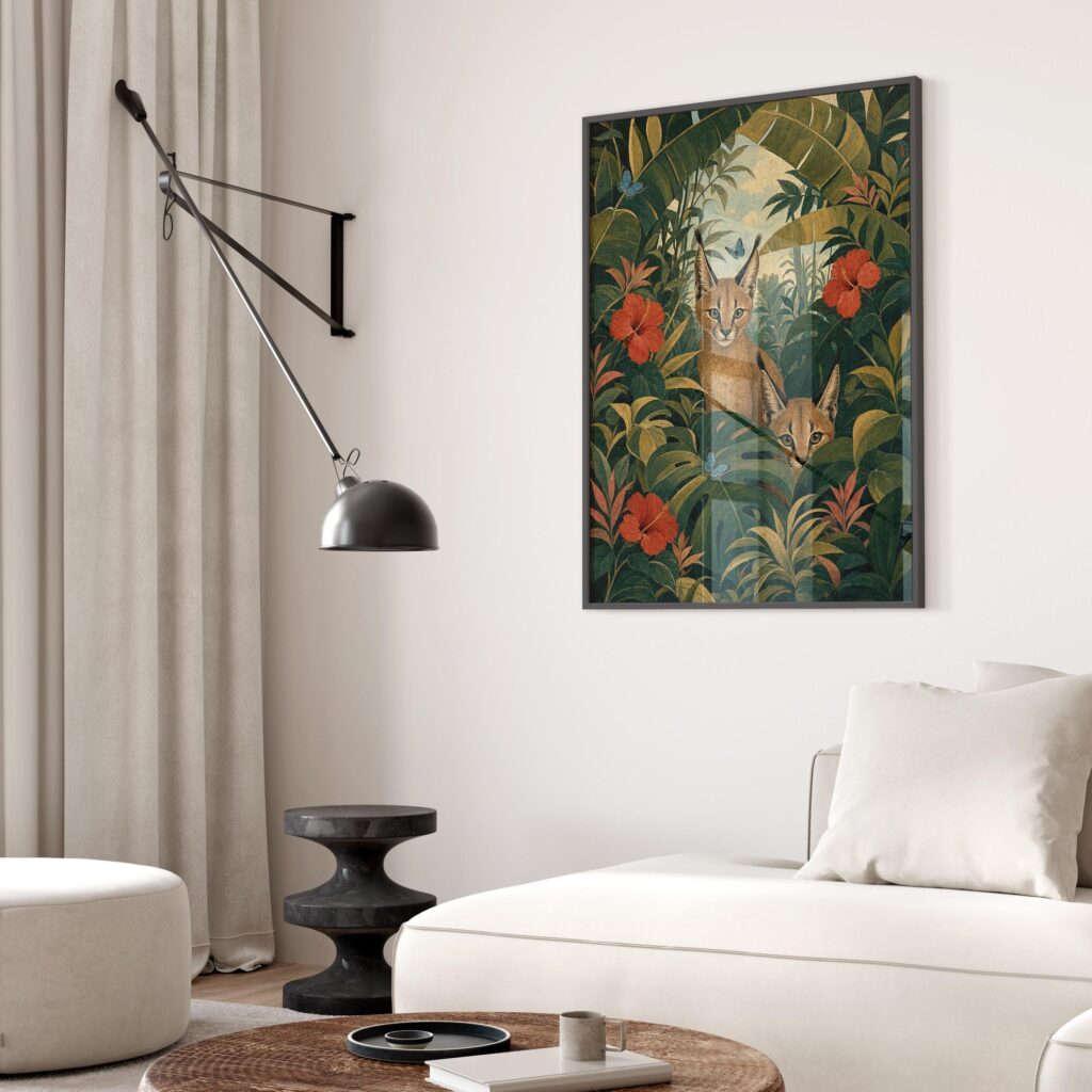 Two Caracals in a Tropical Jungle with Hibiscus Print