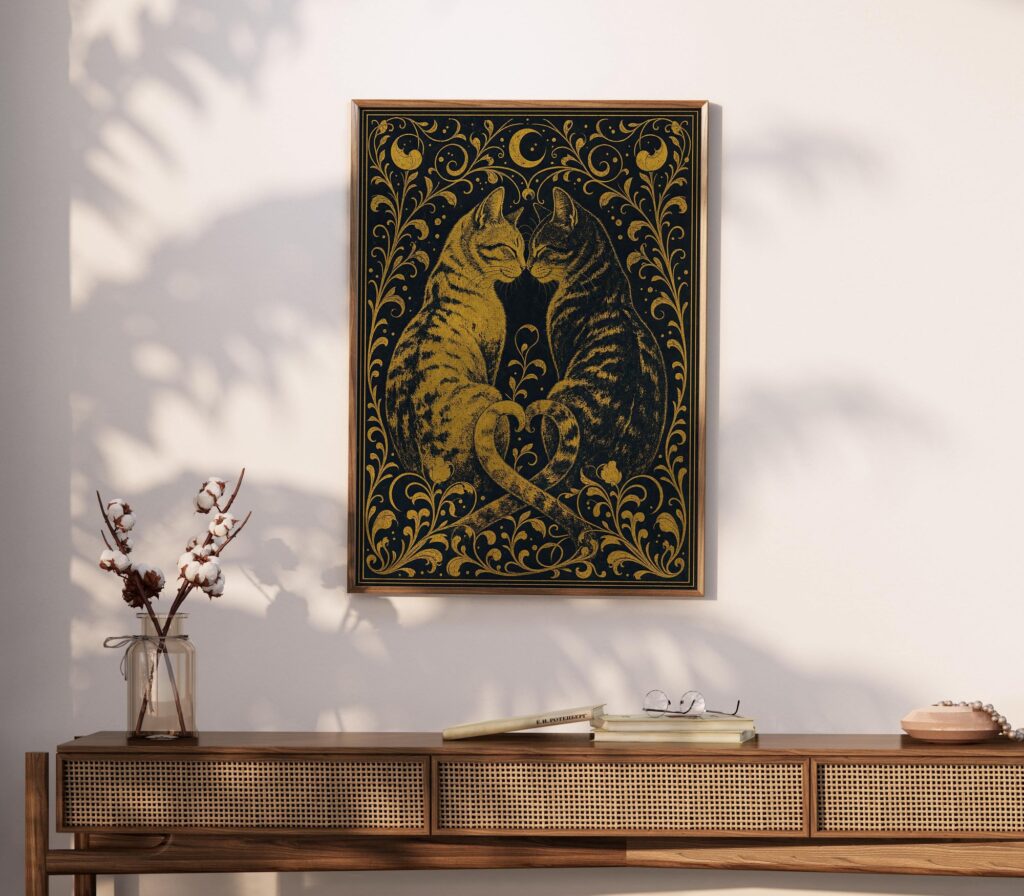 Two Gold Cats Nuzzling Under a Crescent Moon Print