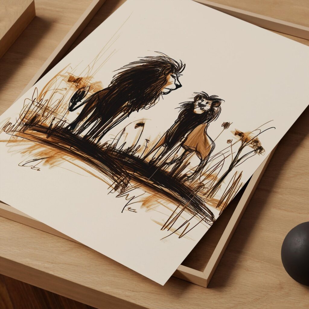 Two Lions Print Savanna Sketch Wall Art