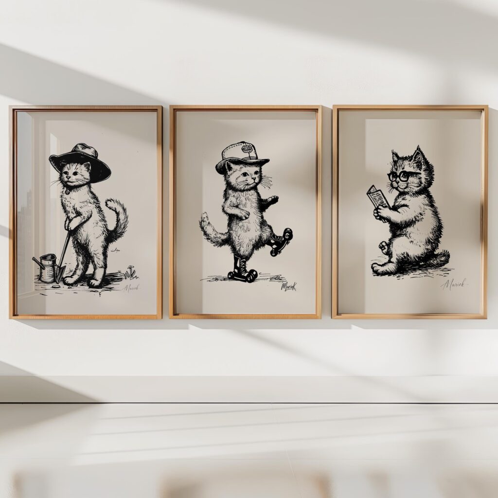 Vintage Cat Illustration Prints Set
