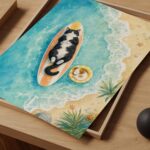 Watercolor Tuxedo Cat Asleep on a Surfboard Print