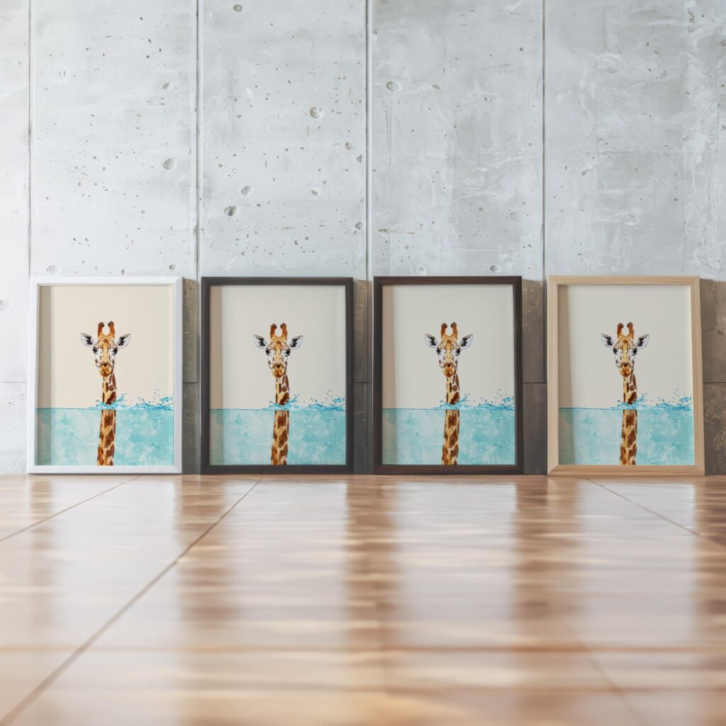 Whimsical Giraffe in Water Art Print
