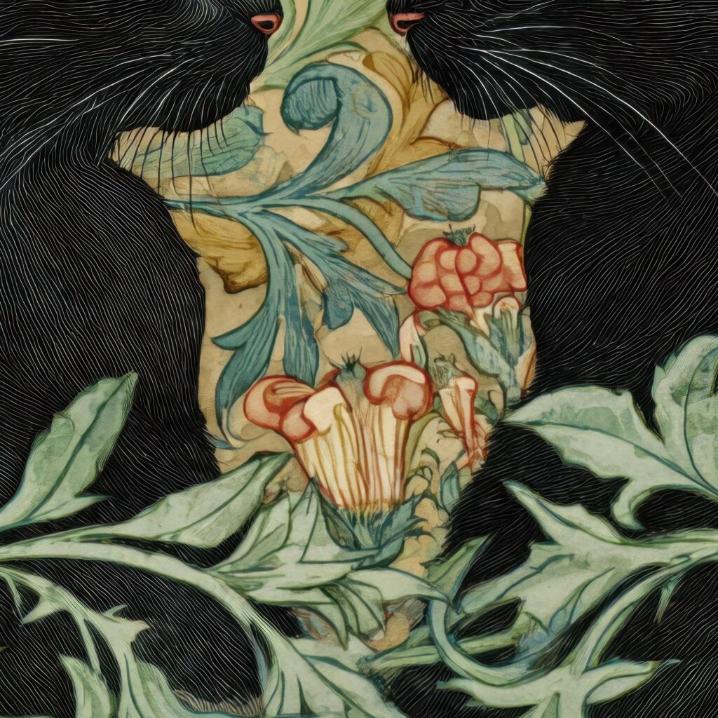 William Morris Black Cats in a Floral Garden Print