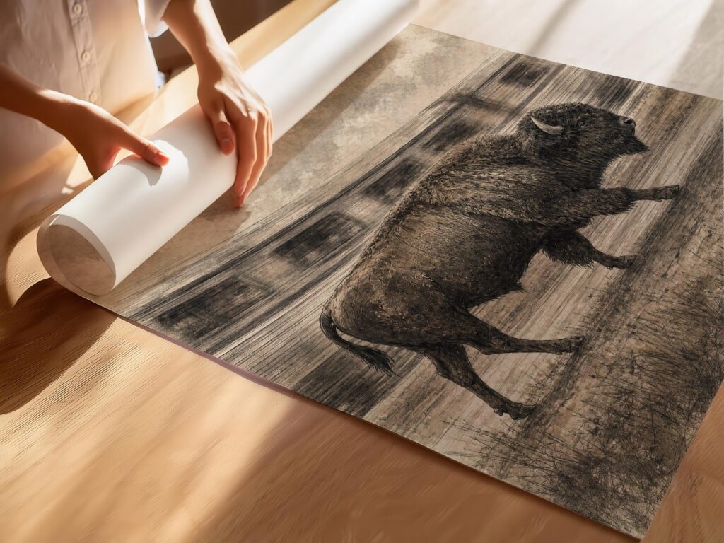 Bison Walking Past a Passing Train Print