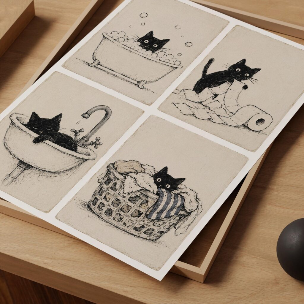 Black Cat Bathroom Print Set