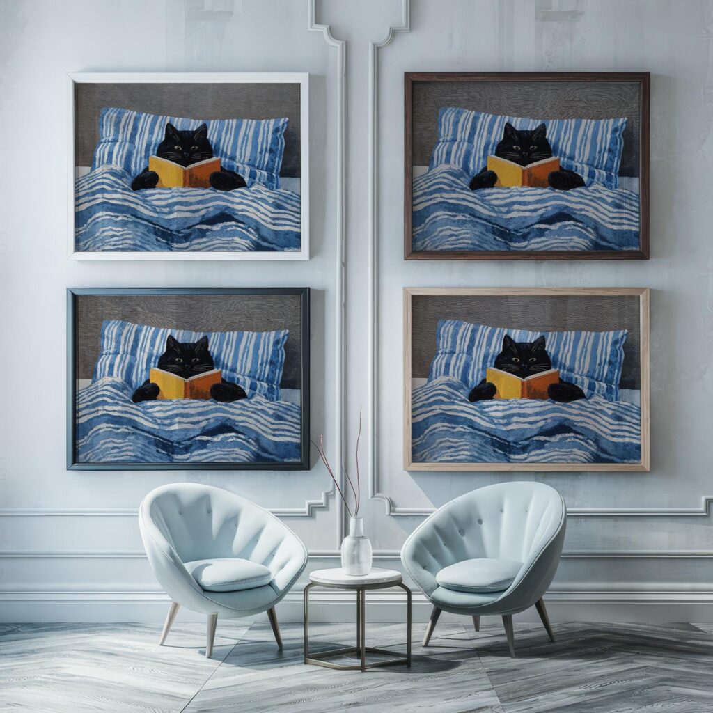 Black Cat Bed Reading Print