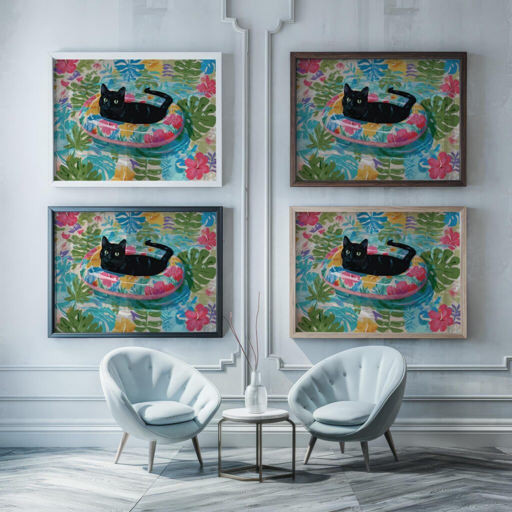 Black Cat in a Tropical Float Print