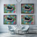 Black Cat in a Tropical Float Print