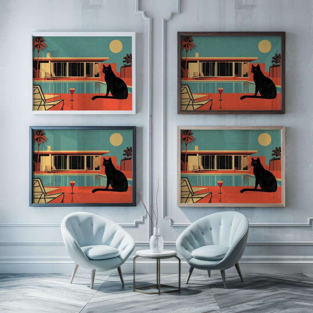 black cat pool cocktail art print