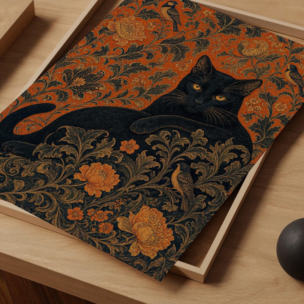 Black Cat with Birds on William Morris Floral Print