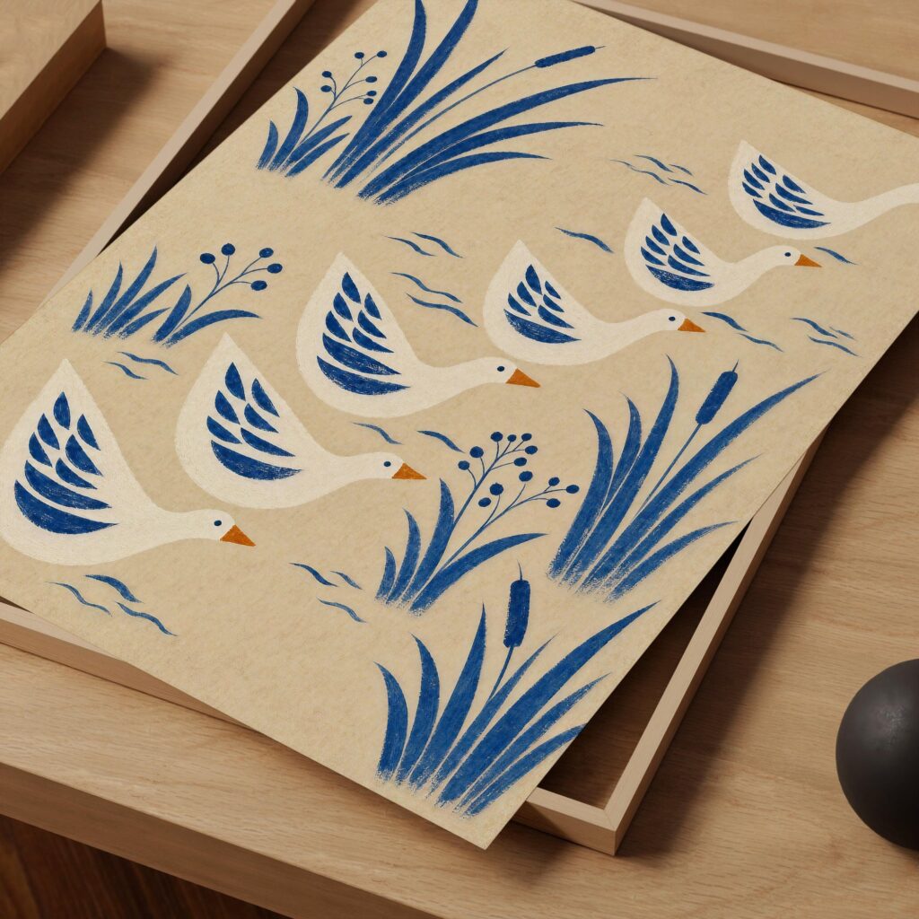 Blue Folk Goose Print