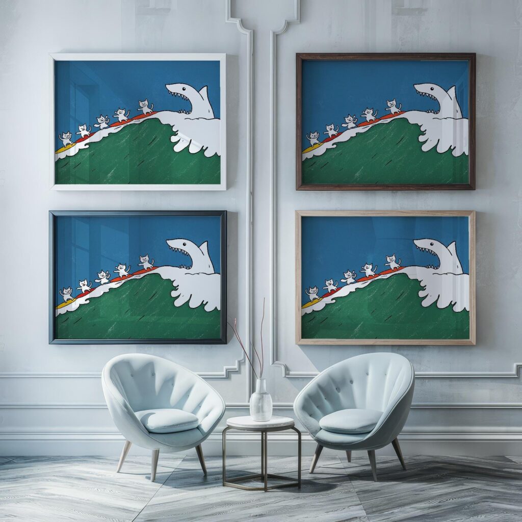 Cat Surf Shark Art Print
