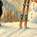 Cat with Snowman and Skis Print