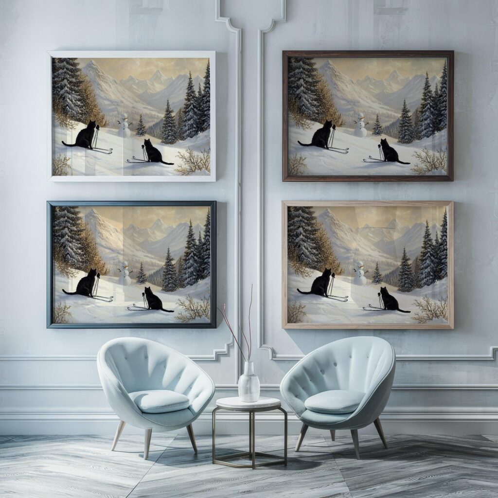 Cats Skiing with Snowman Print