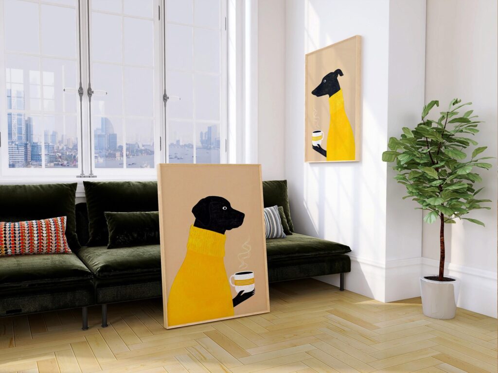 Dogs Drinking Coffee Art Print Set of 2